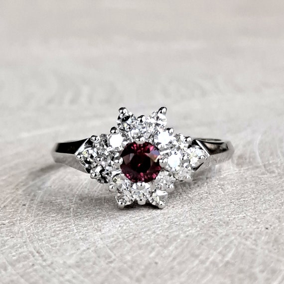 Natural Ruby and Diamond 14k White Gold Cluster R… - image 1