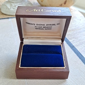 Art Carved Ring Box Vintage Wooden Ring Box - Royal Blue Velvet Interior Room For Single or Double Rings - Nice Vintage Condition!