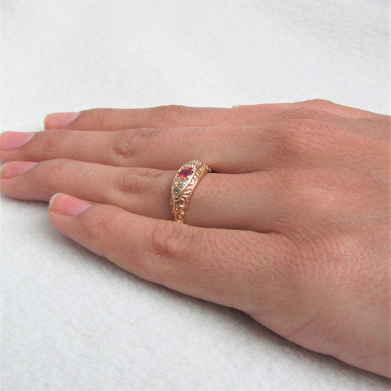 Ruby and Diamond Engraved Band Ring - English Ori… - image 8