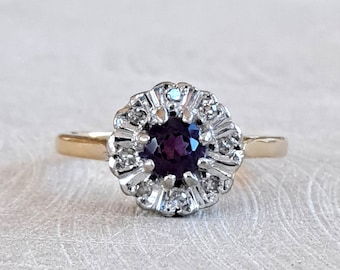 Vintage Amethyst and Diamond Cluster Ring 18K Yellow and White Gold - Shimmering and Sweet! February Birthstone! European Origins!