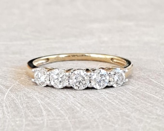 Alianza de boda de oro amarillo de 14 quilates con 5 piedras y 1 quilates de diamantes, certificado GIA G.G. Tasación incluida