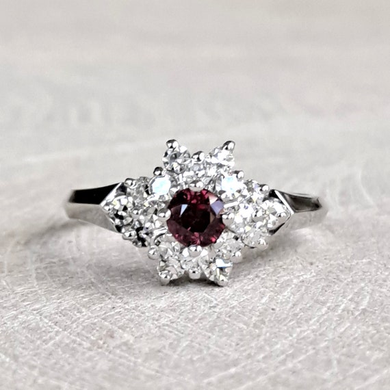 Natural Ruby and Diamond 14k White Gold Cluster R… - image 2
