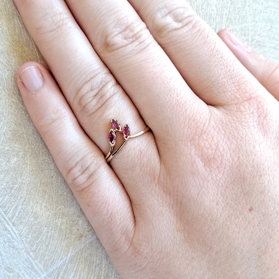 14K Yellow Gold Ruby Ring: Petite Marquis Three S… - image 9