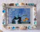 picture frame with shells white turquoise, photo frame gift, embellished frame, nautical framed art, beach themed housewarming gift