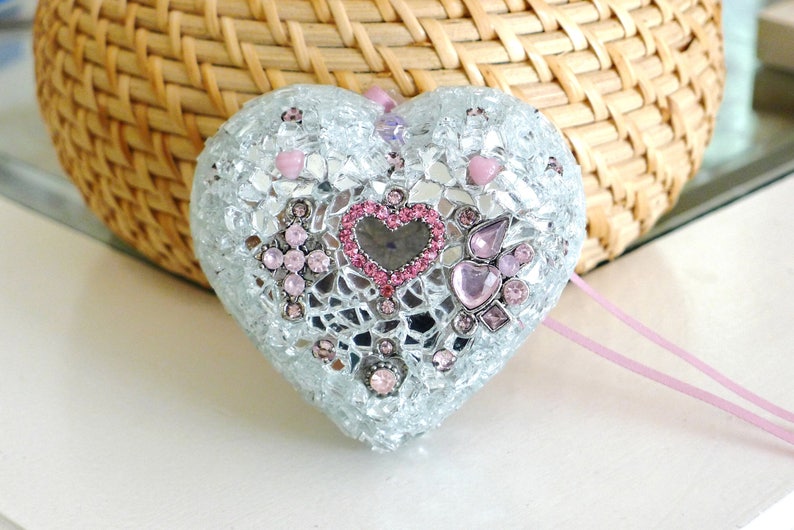 Heart Wall Art Pink Silver Heart Ornament Hanging Mosaic Etsy