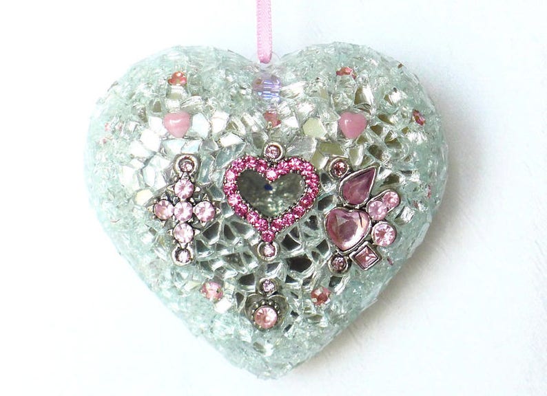 Heart Wall Art Pink Silver Heart Ornament Hanging Mosaic Etsy