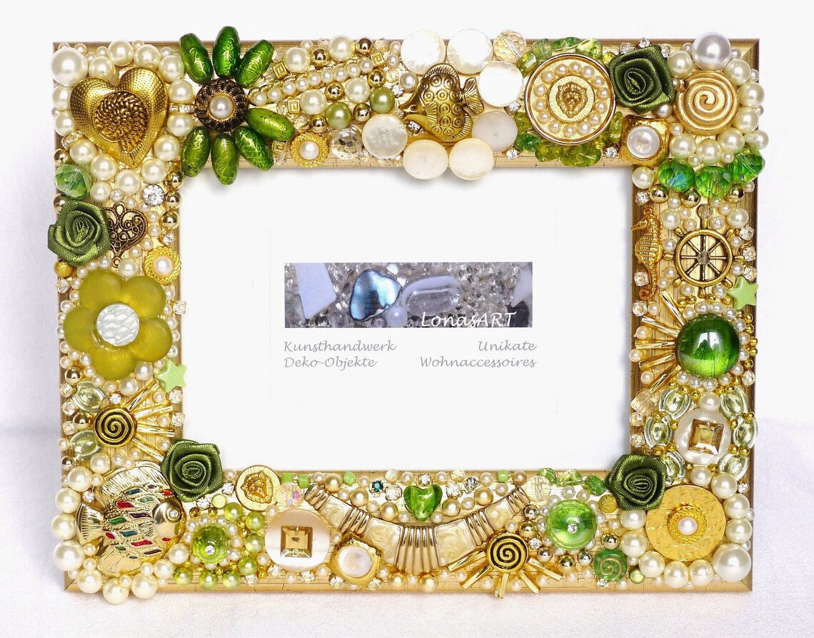 Sparkly Jeweled Frame Green Gold, Decorated Photo Frame, Framed Mosaics
