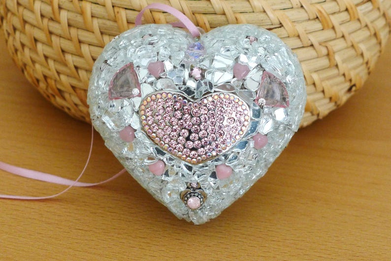 Heart Wall Art Pink Silver Heart Ornament Hanging Mosaic Etsy