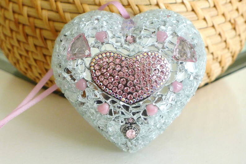 Heart Wall Art Pink Silver Heart Ornament Hanging Mosaic Etsy