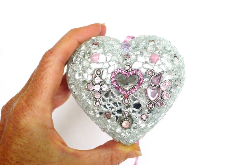 Heart Wall Art Pink Silver Heart Ornament Hanging Mosaic Etsy