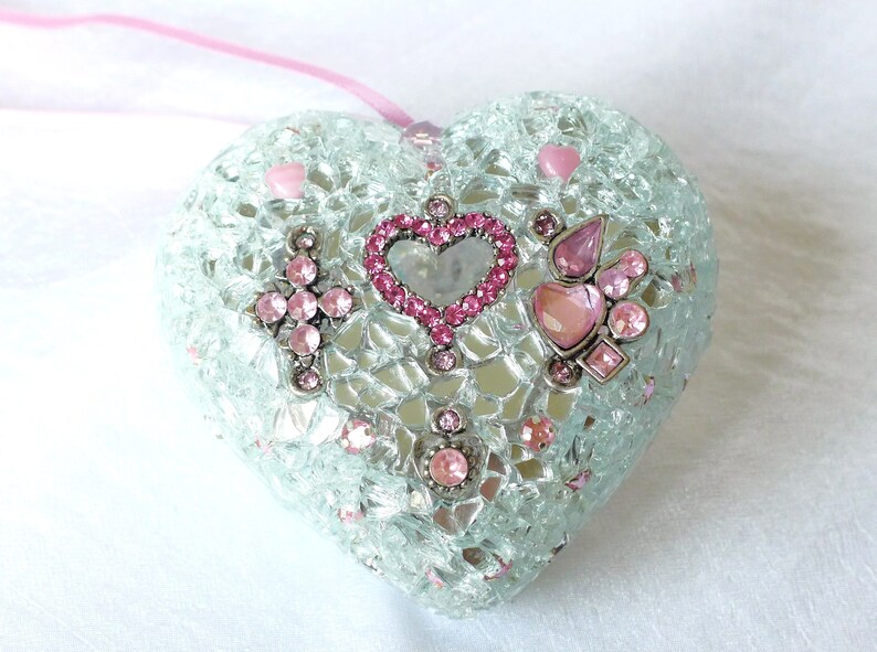 Heart Wall Art Pink Silver Heart Ornament Hanging Mosaic Etsy
