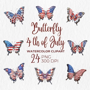 Butterfly American Flag Watercolor,4th of July Butterfly Clipart,Patriotic Butterfly PNG,America Clipart,Independence USA America Day