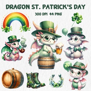May include: A set of 44 digital clipart images featuring cute cartoon dragons dressed in green hats and shamrock decorations. The images are perfect for St. Patrick's Day crafts and projects.