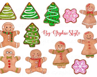 Cute Gingerbread Clipart  : Christmas ClipArt, Gingerbread Watercolor ,Watercolor Clipart PNG files 300 dpi (WC02)