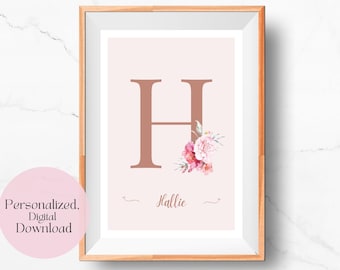 Brown Pink Floral Personalized Baby Girl Name Art, Nursery Decor Prints Digital Download, Neutral Tan Flower Wall Art, Baby Girl Kids Gift