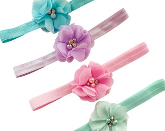 Baby Girl Flower Headband Set of 4, Pastel Baby Bow Headband, Newborn Gift, Chiffon Flower Nylon Bands, Girls Pink Mint Blue Purple Headband
