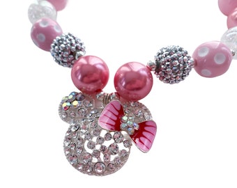 Baby Girls Minnie Mouse Pendant Necklace Chunky Bubblegum Bead Jewelry Set Mouse Ears Girls Cake Smash Photo Prop Kids Sparkly Accessories