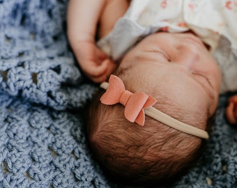 Newborn Tiny Suede Baby Hair Bow, Small 1.5" Solid Color Bow Headband, Faux Suede One Inch Basic Baby Bow,  Neutral Baby Shower Girls Gifts