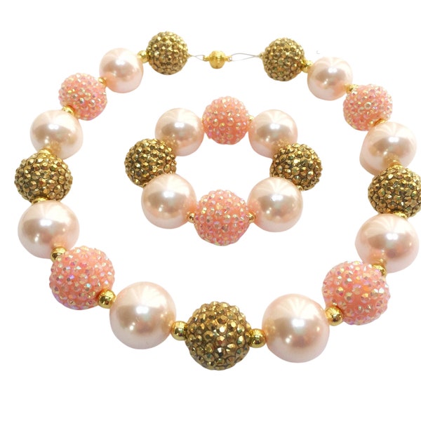 Girls Bubblegum Necklace Gold and Peach Chunky Bead Necklace Gift for Little Girls First Birthday Cake Smash Photo Shoot Girls Accessories
