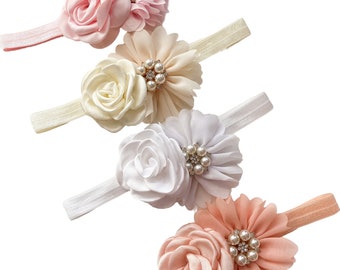 Baby Girl Satin Chiffon Flower Headband , Fancy Baby Bow Gem Headband, Newborn Gifts, Girls Fancy White Ivory Peach Pink Flower Headband