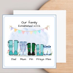 Carte de fête des pères avec bottes Wellington - personnalisée avec les noms de famille - carte Wellies personnalisée pour papa