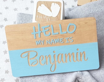 Wooden Hello My Name is Sign, Birth Announcement Sign, Baby Shower Gift, Newborn Photo Prop