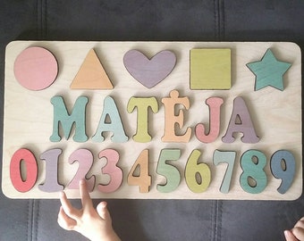 Personalized Name Puzzle with Symbols and Numbers, No Pegs need, Personalized Baby Name, wooden custom name puzzle, Christmas gift, Pastel