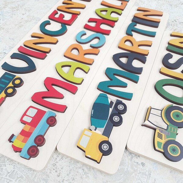 Puzzle di nome personalizzato con camion, puzzle di nomi personalizzati in legno, arredamento per bambini e bambini, regalo per i più piccoli, regalo di Natale, regalo per la doccia del bambino