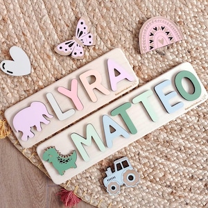 Placa de quebra-cabeça de nome personalizado para crianças, presente personalizado para chá de bebê, presente para menina ou menino, letras de madeira maciça, decoração de berçário
