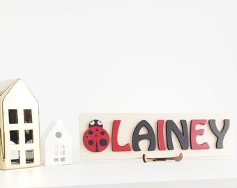 Personalized Name Puzzle With Ladybug, New Easter Gift for Kids, Wooden Toys Baby Shower Custom Toddler Toys, First Birthday 1st Gift