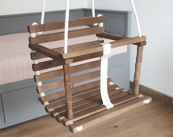 Baby Swing, Personalized Wooden Handmade Swing, First Birthday Personalized Baby Gift, Outdoor Indoor Swing, Walnut and Birch Colors