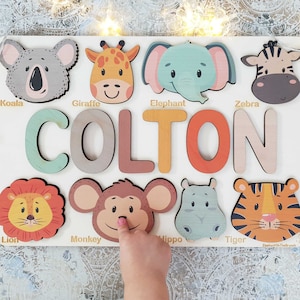Personalized Name Puzzle with Animals - Wooden Toy for Babies, Toddlers, and Kids - Perfect for Baby Showers, Christmas, and First Birthdays