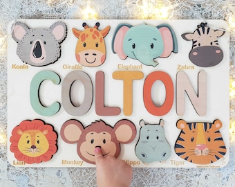 Personalized Name Puzzle with Animals - Wooden Toy for Babies, Toddlers, and Kids - Perfect for Baby Showers, Christmas, and First Birthdays