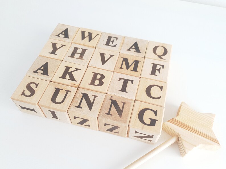 Wood Alphabet Blocks, Letter Learning Blocks, Set of Letters and Numbers, Wooded Number Block Set Letters