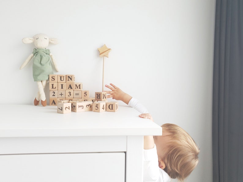 Wood Alphabet Blocks, Letter Learning Blocks, Set of Letters and Numbers, Wooded Number Block Set image 1