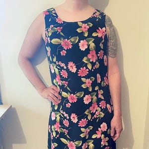 90s Black Pink Floral Sleeveless Vintage Maxi Dress- Size 12 M / L