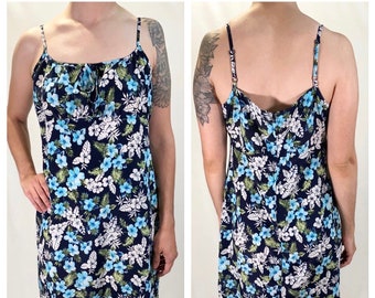 90s Fashion Bug Blue Sleeveless Mini Dress Hibiscus Floral Pattern - Vintage Hawaiian Theme Tank Dress - Size 12