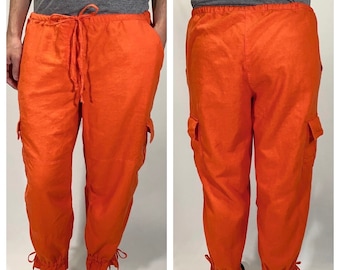 y2k Derek Heart Lino Naranja Pierna Ancha Cargo Capri Pantalones Ajustable Cordón Cintura y Tobillos - Talla L