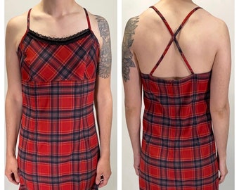 y2k Hot Kiss Red Plaid Sleeveless Racerback Mini Dress Club Dress Size M