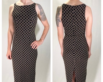 80s Black and Gold Patterned Sleeveless Floor Length Formal Dress - Size XS/S