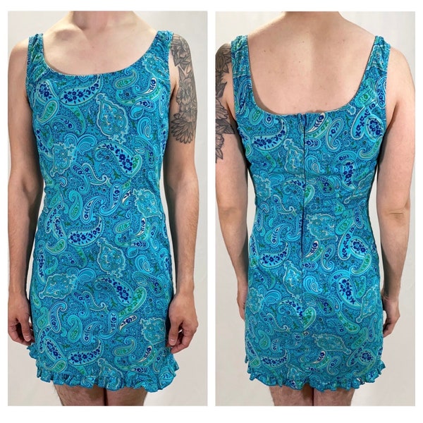 y2k No Boundaries Blue Paisley Sleeveless Mini Dress Ruffled Hem Summer Dress Size 3 / 5