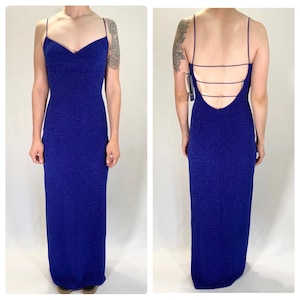 90s Blue Prom Dress Floor Length Backless Tank Formal Dress w/ Side Slit Silver Metallic Accent by City Triangles - NWT Size M
