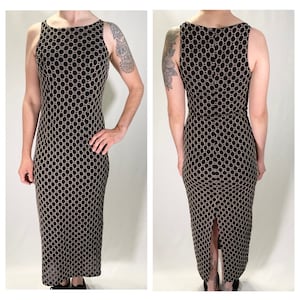 80s Black and Gold Patterned Sleeveless Floor Length Formal Dress - Size XS/S