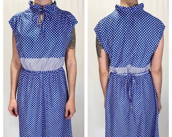 70s Polka Dot Sleeveless Collared Dress with Tie Belt - Size M