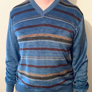 70s Striped Sweater Vintage Velour Sweater Blue with Brown Stripe V Neck - Size M