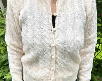 90s Susan Bristol 100% Wool Cardigan Sweater Cable Knit with Lining - Size S/M