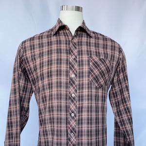 70s Plaid Long Sleeve Button-down Shirt Vintage Dress Shirt Sears Kings Road Brown Plaid Men&#39;s Size XL