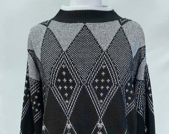 80s Black Silver Geometric Mock Neck Sweater - Size L