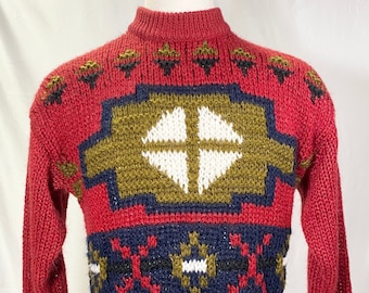 Suéter geométrico dos anos 80, suéter vintage vermelho com padrão abstrato, malha, tamanho G