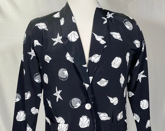 80s Black and White Seashell Pattern Oversized Fit Blazer Jacket with Shoulder Pads - Size S